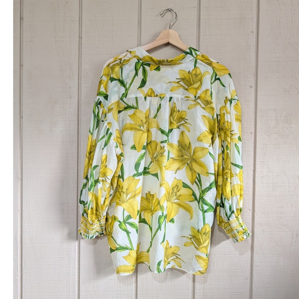Alice +‎ Olivia Maylin Yellow Lily Floral Silk Blend Puff Sleeve Blouse Large - Picture 5 of 16